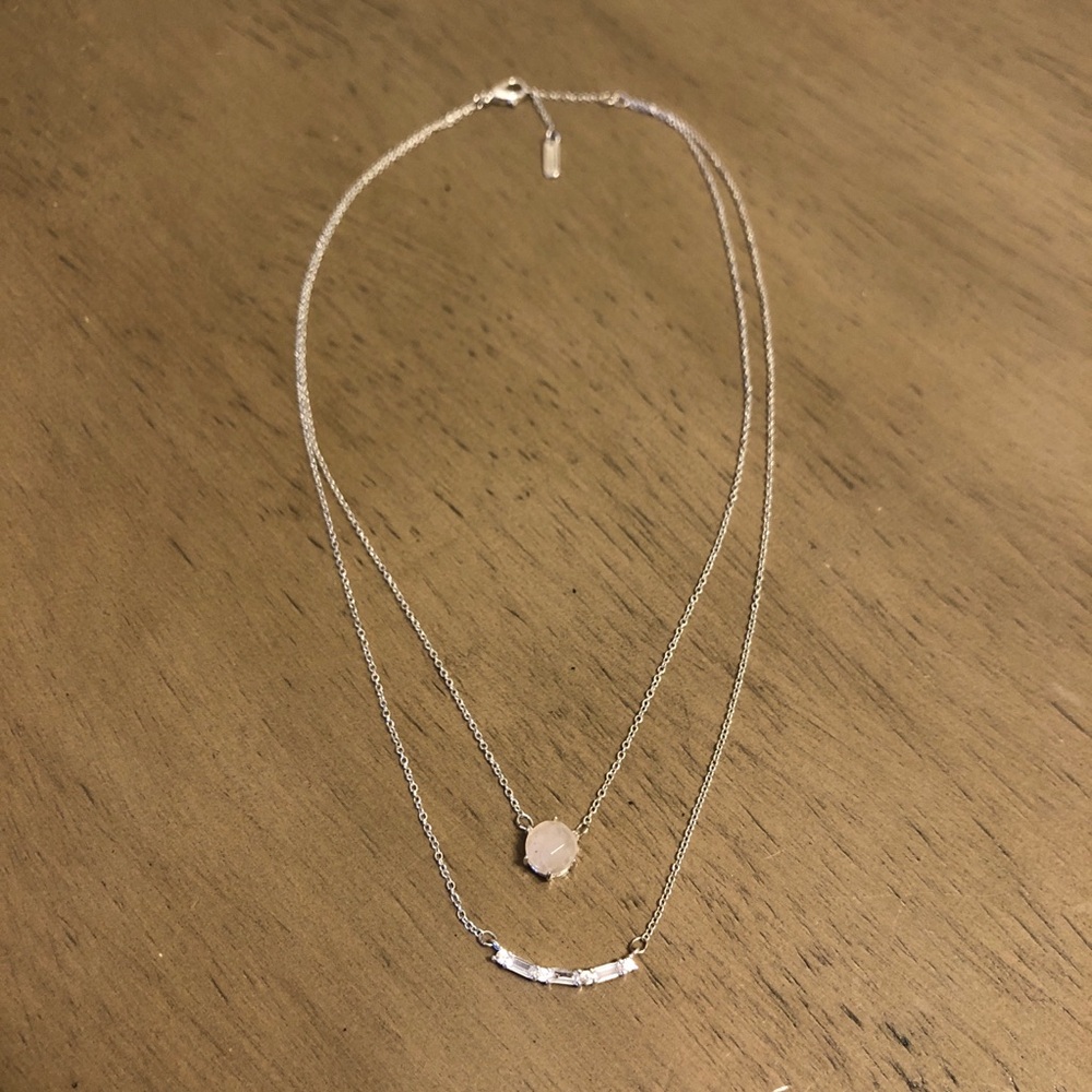 Silver Tone Layered Necklace With Quartz Gemstone and Rhinestones